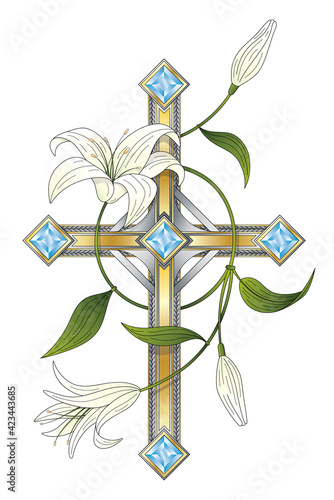 Sketch of an American traditional old school tattoo Christian Catholic cross with white lilies