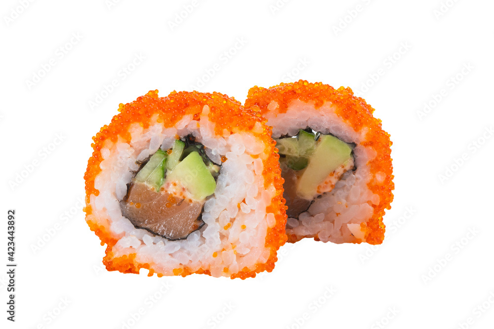 rolls with red caviar two pieces isolated on white background rolls with red caviar two pieces isolated on white background
