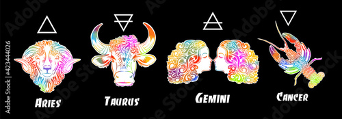 A set of zodiac signs. T-shirt print. Symbol for tattoo. Mixed media. Multi-colored objects. Elements of water, earth, fire and air. Vector illustration