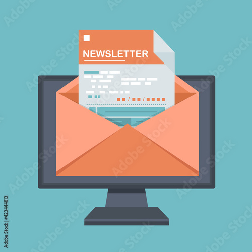 Flat design concept of regularly distributed news publication via e-mail with some topics of interest to its subscribers. Flat vector illustration. Newsletter concept