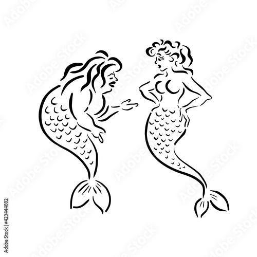 Girl Mermaid line. Slim and fat mermaid. Vector illustration