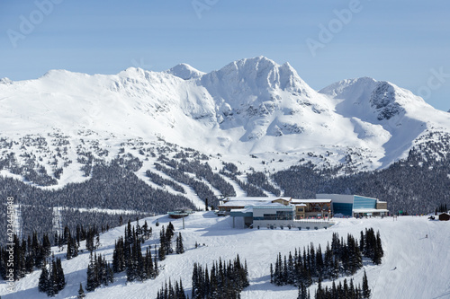Snow capped mountains, Blackcomb and Whistler ski resort in British Columbia, Canada.