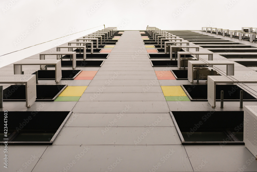 Fototapeta premium Facades of houses with air-conditioning boxes. New homes immediately provide air conditioning and places for them.