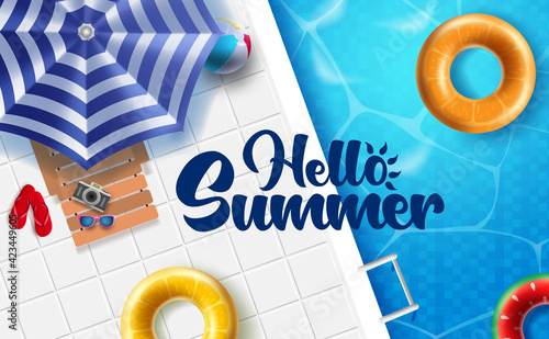 Hello summer vector banner design. Hello summer text with umbrella, chair, floater and beach ball in swimming pool background for relax and enjoy vacation. Vector illustration 
