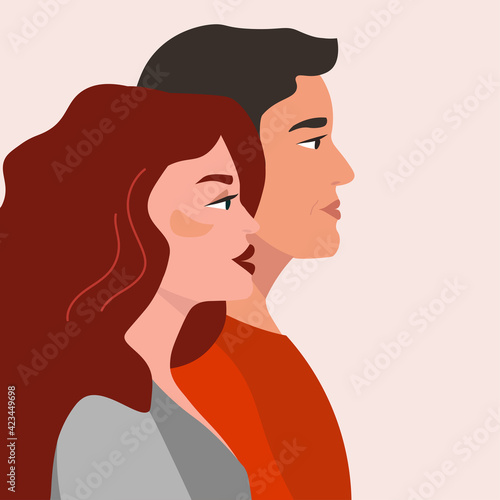 A couple of young adults, men and women, are looking in profile in one direction. The relationship of male and female, husband and wife. Vector graphics