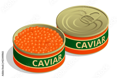Isometric Salmon Red Caviar. Iron Can with Red Salmon Caviar. Raw seafood. Luxury delicacy food. Caviar in open metal tin