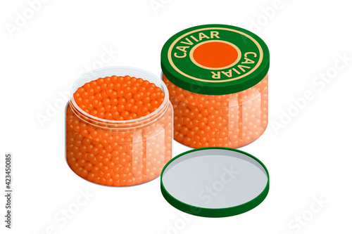 Isometric Salmon Red Caviar. Raw seafood. Luxury delicacy food. Glass jar with red caviar of pink salmon Delicatessen. Gourmet food.