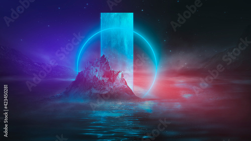 Futuristic fantasy night landscape with abstract landscape and island, neon figure, glow, neon. Dark natural scene with light reflection in water. Neon space galaxy portal. 3D illustration. 