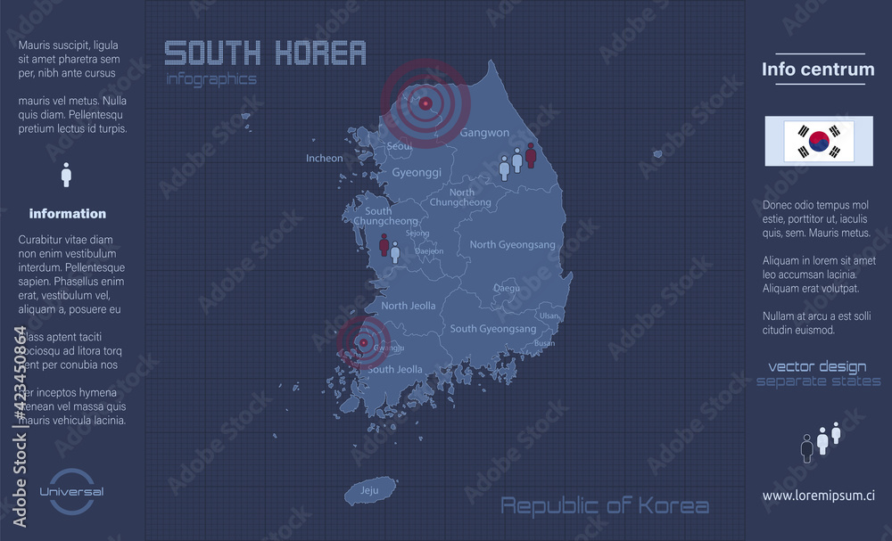 Fototapeta South Korea map, separate regions with names, infographics blue flat design vector