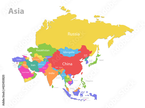 Asia map, separates individual states with names, color map isolated on white background vector