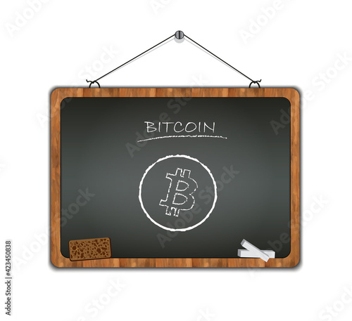 Bitcoin chalk symbol on school blackboard with wooden frame, black color vector