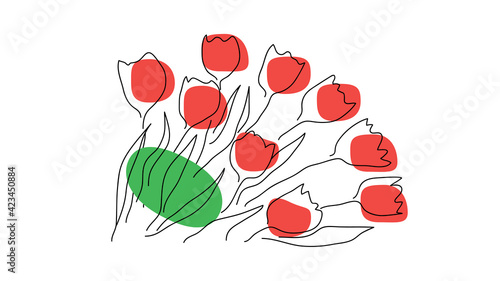 Continuous line drawing tulips bouquet. One line art on an abstract background. Vector illustration
