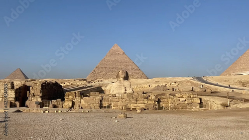 The Great Sphinx of Giza on the background of the Pyramids  Cairo  Egypt