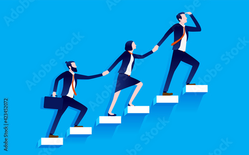 Business aspiration - Team of business people  men and woman walking up stairs and taking the steps to success. Teamwork and cooperation concept. Vector illustration.