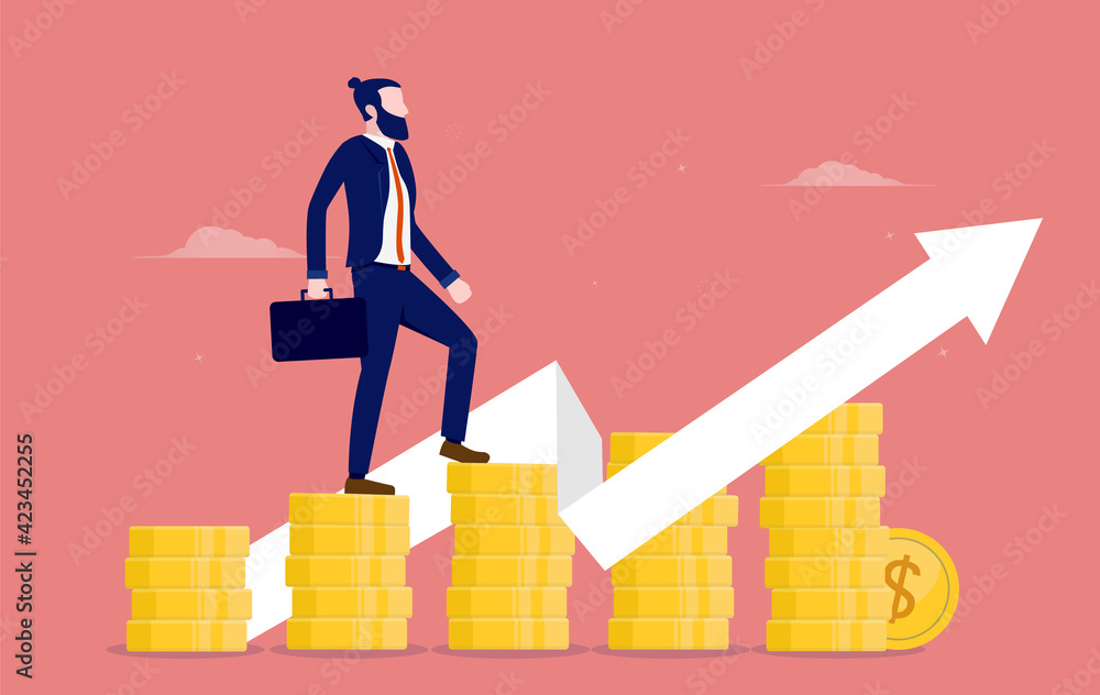 Grow wealth - Businessman walking up stack of coins with rising arrow pointing upwards. Financial progress and success concept. Vector illustration. Grow wealth - Businessman walking up stack of coins with rising arrow pointing upwards. Financial progress and success concept. Vector illustration.
