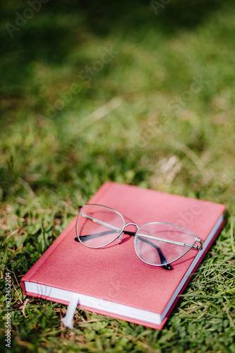 glasses and notebook lay on grass outdoors. eye glasses and diary