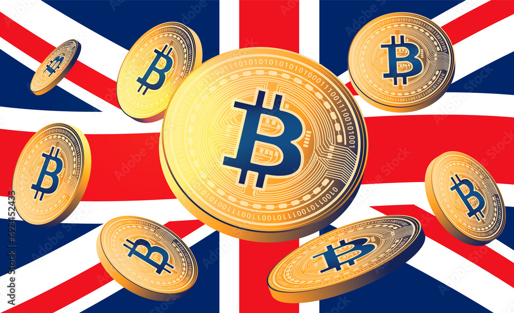 Bitcoin United Kingdom - Bitcoins flying in front of the British flag. Crypto currency in the UK concept. Vector illustration. Stock Vector | Adobe Stock