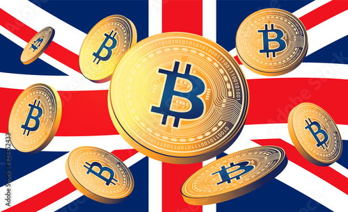 Bitcoin United Kingdom - Bitcoins flying in front of the British flag. Crypto currency in the UK concept. Vector illustration.
