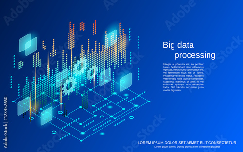 Data processing, big data analysis flat 3d isometric vector concept illustration