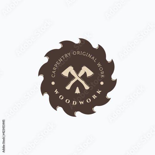 Lumberjack vintage axe and saw blade vector illustration badge. Simple carpentry logo design