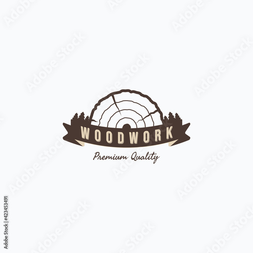 Carpentry vintage wood, pine with ribbon vector illustration logo design. Simple carpentry emblem logo concept.