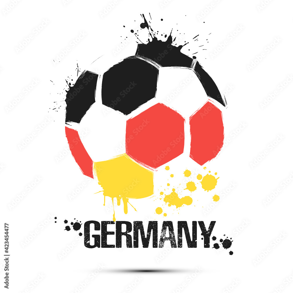 Obraz premium Abstract soccer ball with German national flag colors. Flag of Germany in the form of a soccer ball made on an isolated background. Football championship banner. Vector illustration