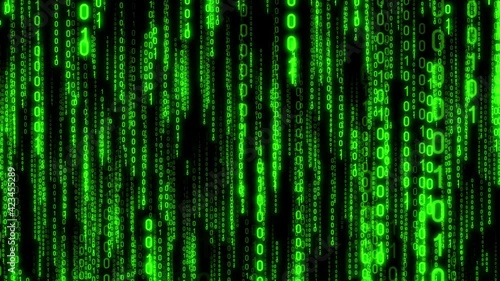 Green binary code falling down - matrix concept. Camera moves thorough falling digits, glow effect, black background - 3D 4k animation (3840x2160 px). photo