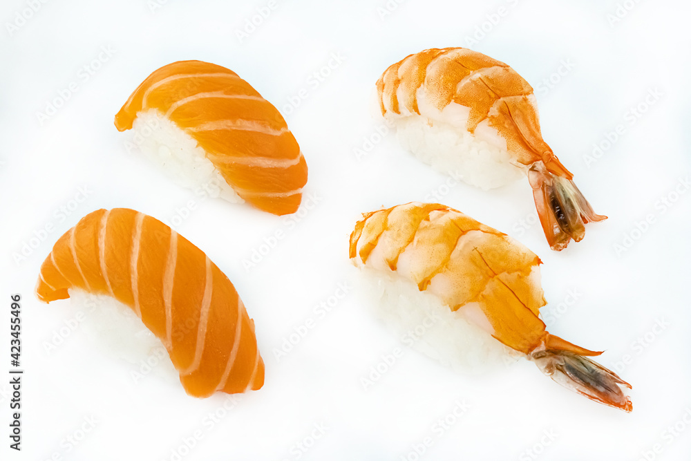 sushi set with fresh shrimp and nigiri salmon on an isolated background sushi set with fresh shrimp and nigiri salmon on an isolated background