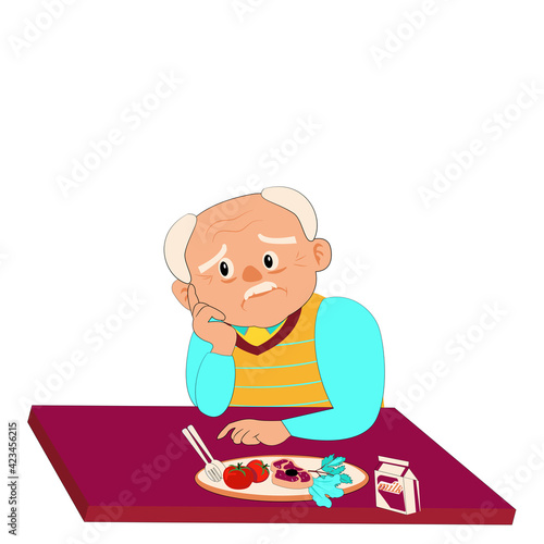 Cartoon front view of alone grandpa  sitting at table, bored with food. Old man has Anorexia-cachexia syndrome.Elderly man  with healthy  foods  . Vector flat design idea concept for Loss of Appetite