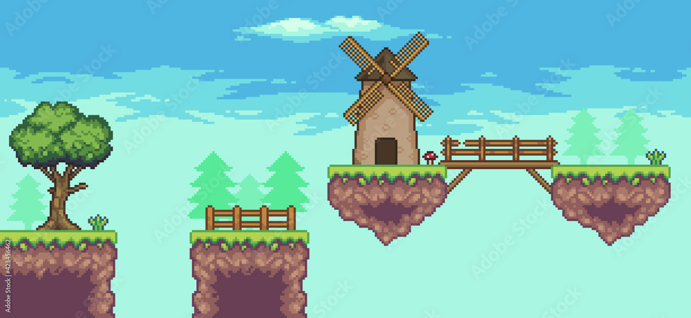Pixel art arcade game scene with floating platform, mill, bridge, trees ...
