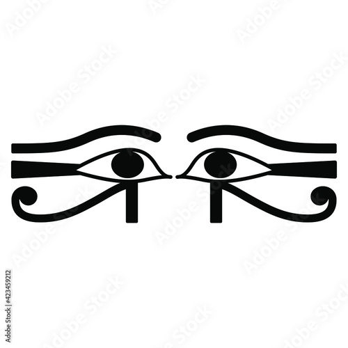 Two ancient Egyptian eyes. Wadjet. Sacred symbol of god Horus or goddess Maat. Black and white silhouette.