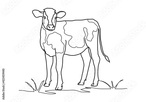 Cow, farm animal line icon.Black silhouette cow isolated on white. Hand drawn vector illustration.