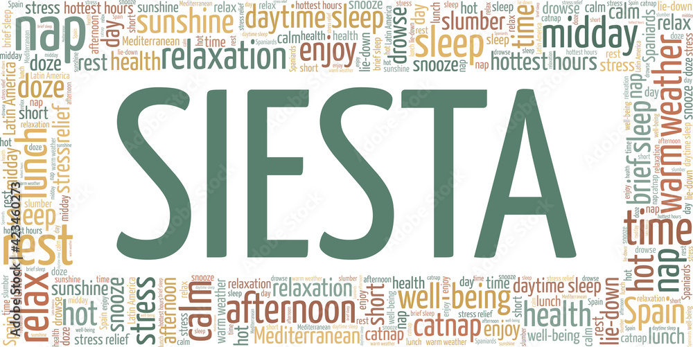 Siesta - Afternoon nap vector illustration word cloud isolated on a white background. - obrazy, fototapety, plakaty 