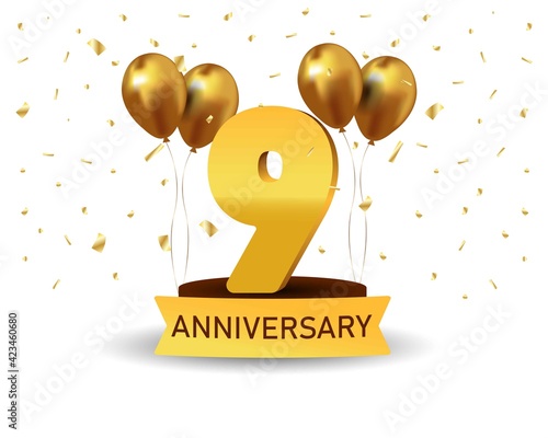 9 Anniversary gold numbers with golden confetti. Celebration anniversary event party template.