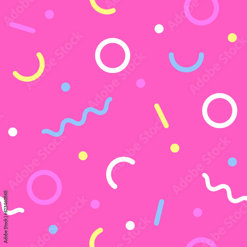 Colorful zig zag with dots seamless pattern on chaotic pink background. Abstract fashion trendy vector.