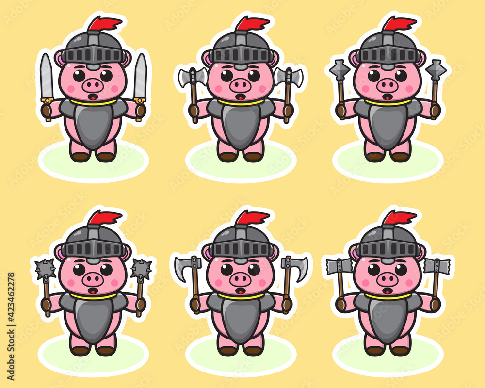Obraz premium Vector illustration of cute Pig Knight cartoon with dual weapon. Cute Pig expression character design bundle. Good for icon, logo, label, sticker, clipart.