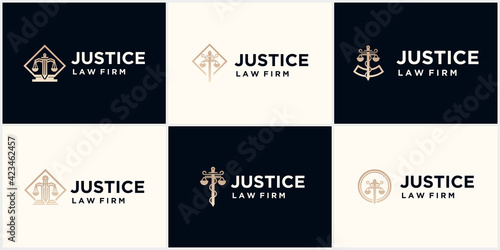 The symbol of the justice law logo, attorney, law firm, law office, in gold.