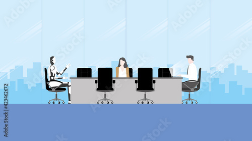 Technology in future business concept. People and artificial intelligence futuristic mechanism robot working together as teamwork during business meeting in office conference room. Flat design style.