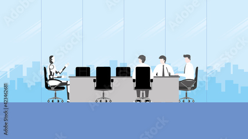 Human versus with artificial intelligence mechanism robot working together as a team during a business meeting in the office conference room. Flat design style technology in future business concept.