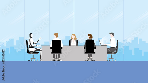 Technology in future business concept. People and artificial intelligence futuristic mechanism robot working together as teamwork during business meeting in office conference room. Flat design style.