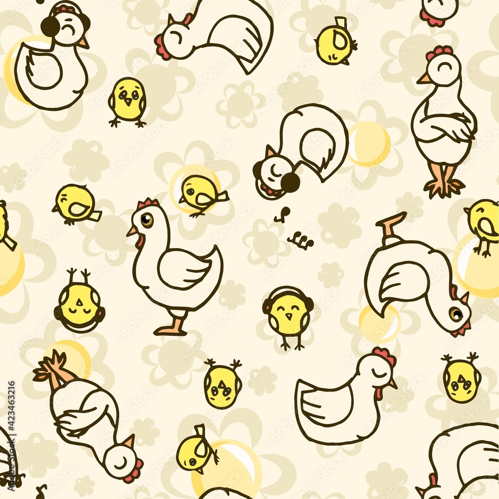 Chickens and chicks. Seamless illustration. Cartoon sketch style. Hand outline drawing cheerful funny animal. vector Chickens and chicks. Seamless illustration. Cartoon sketch style. Hand outline drawing cheerful funny animal. vector