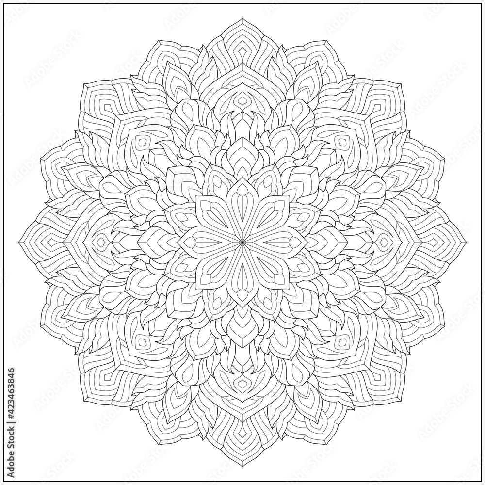 Circular pattern in form of mandala for learning and education. Coloring page illustration for adults and children. Outline style, black and white drawing. 