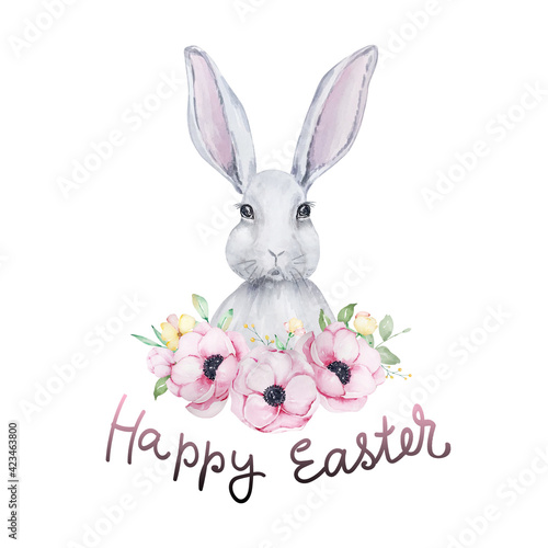 Watercolor easter bunny with floral wreath © SvetaArt