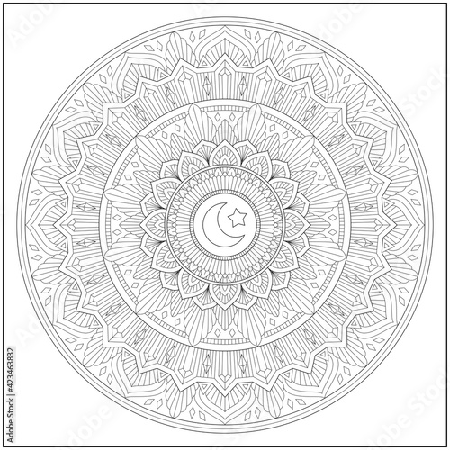 Circular pattern in form of mandala for learning and education. Coloring page illustration for adults and children. Outline style, black and white drawing. 