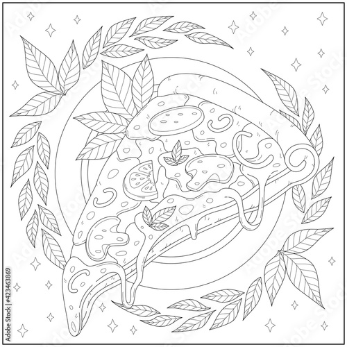 Delicious pepperoni cheese pizza slice with leaf border. Learning and education coloring page illustration for adults and children. Outline style, black and white drawing