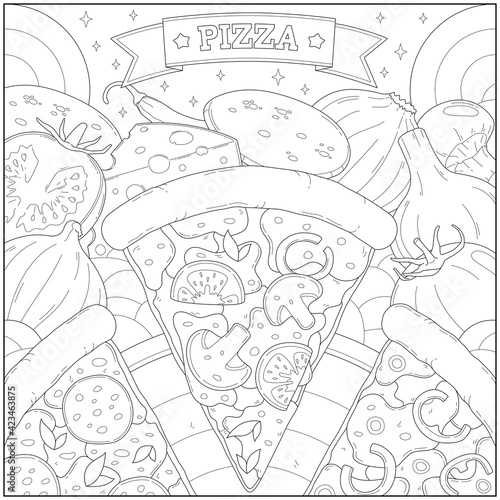 Delicious pepperoni cheese pizza slice and other ingredient. Learning and education coloring page illustration for adults and children. Outline style, black and white drawing