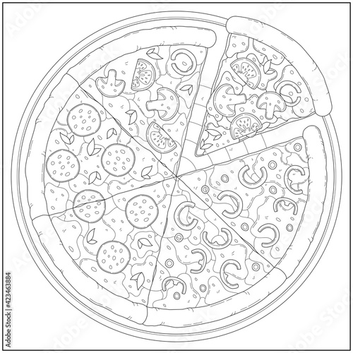 Delicious pepperoni cheese pizza in a pan. Learning and education coloring page illustration for adults and children. Outline style, black and white drawing