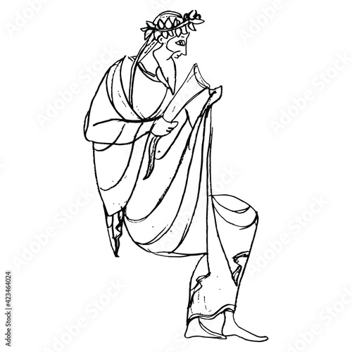 Sitting ancient Greek god Dionysus or Bacchus holding rhyton of wine. Hand drawn linear doodle rough sketch. Black silhouette on white background.