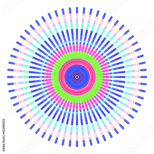 Creative multicolored points round symbol. Abstract symmetrical logo. Mosaic colorful beautiful beads. Circle dots modern pixel floral art icon. Colored pattern ornament wheel decorative illustration.