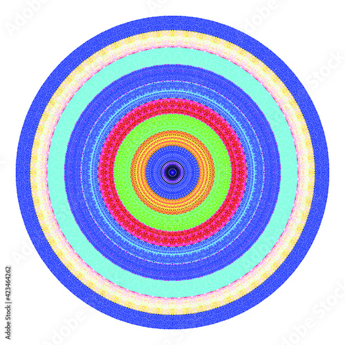 Creative multicolored points round symbol. Abstract symmetrical logo. Mosaic colorful beautiful beads. Circle dots modern pixel floral art icon. Colored pattern ornament wheel decorative illustration.